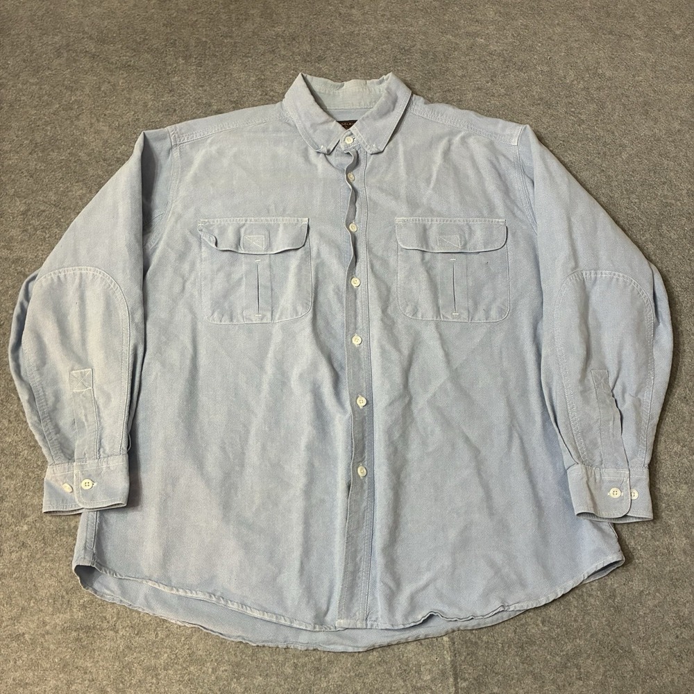 Vintage 90s Woolrich Chambray Utility Shirt Mens XXL Blue Elbow Patches 6084WS